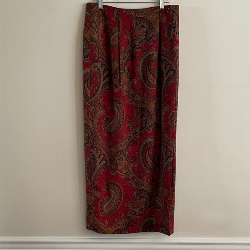 Carlisle Wool blend Red Paisley Maxi Skirt with Brown and Navy Details